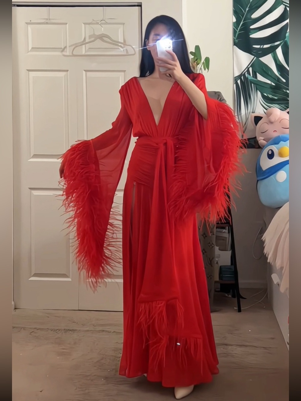 Bronx & Banco Geisha Ostrich Feather Trimmed Plunge High Slit Wrap Gown M NWOT - Picture 15 of 16